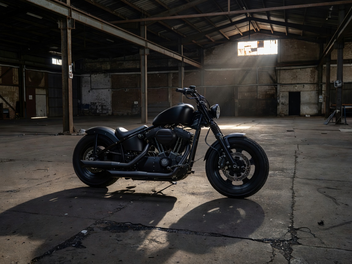 Blacked-out custom bobber motorcycle on an industrial concrete warehouse floor